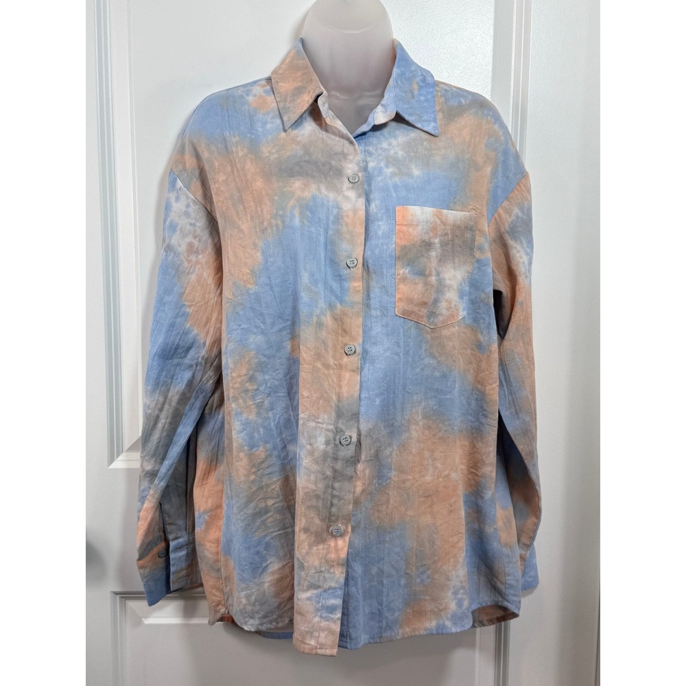 Bailey Rose Tie Dye Button Down Shirt Blue Peach Long Sleeve‎ Artsy Womens Med M